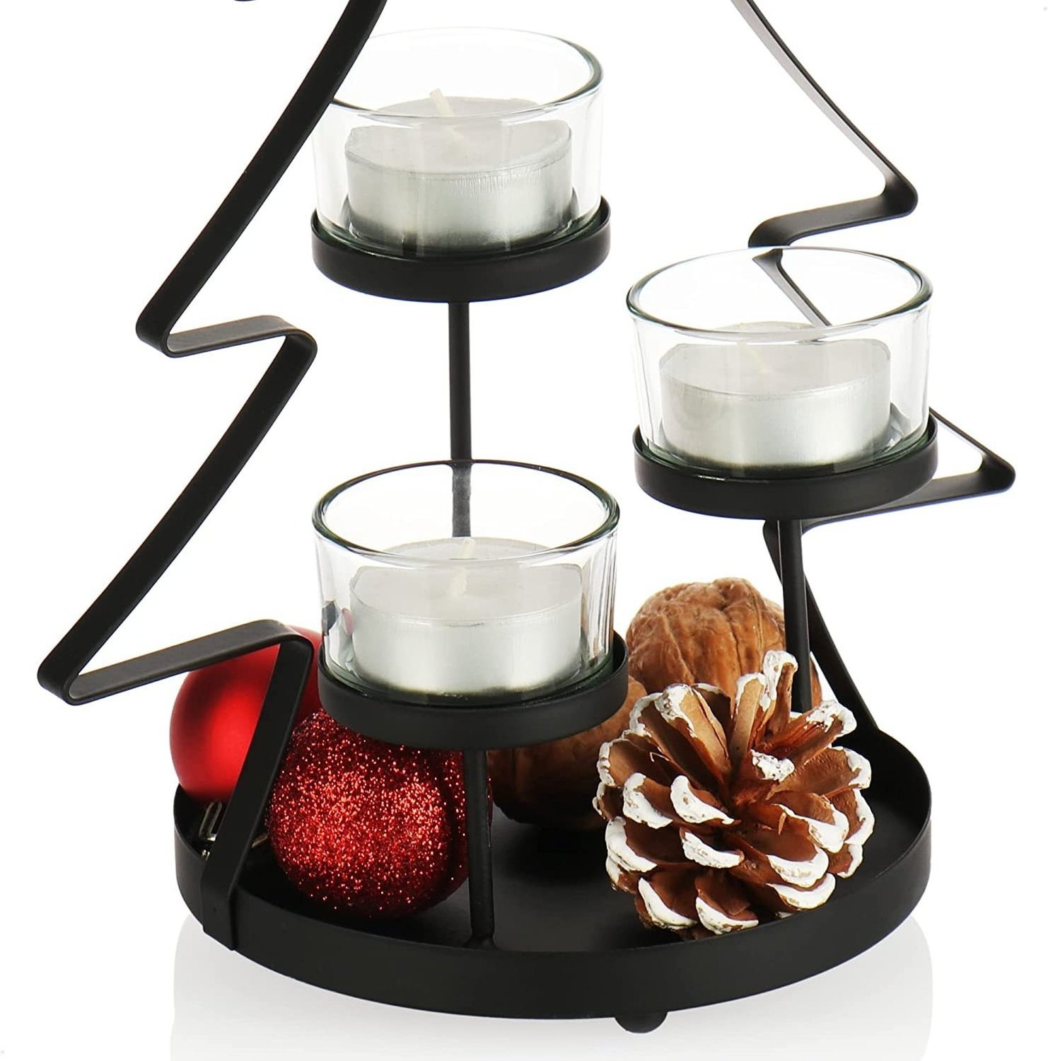 Christmas Decorative Black Tree Design Mini Tea Light Holder with 3 Cup Candles Elegant Home Decorative Candle Holder