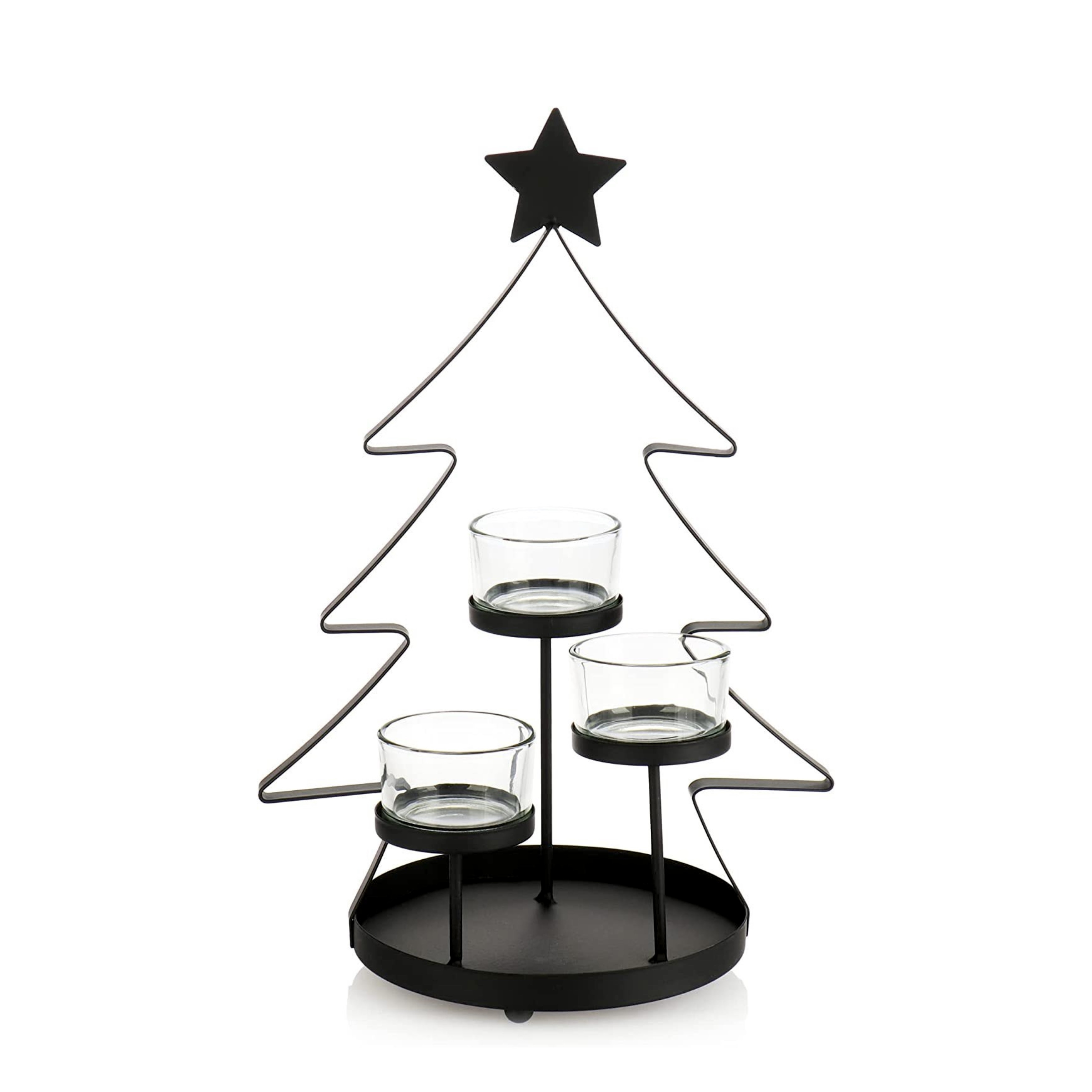 Christmas Decorative Black Tree Design Mini Tea Light Holder with 3 Cup Candles Elegant Home Decorative Candle Holder