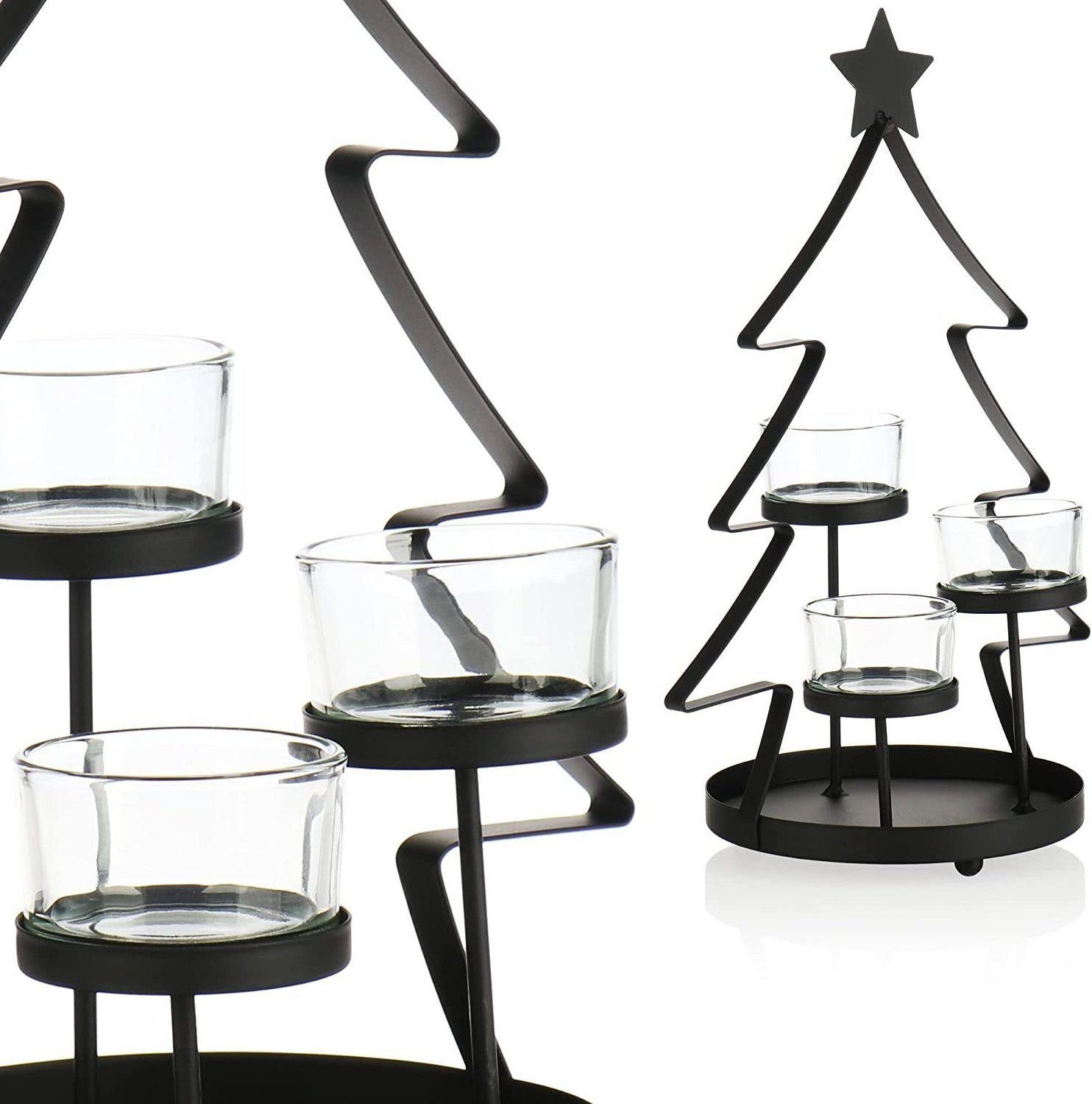 Christmas Decorative Black Tree Design Mini Tea Light Holder with 3 Cup Candles Elegant Home Decorative Candle Holder