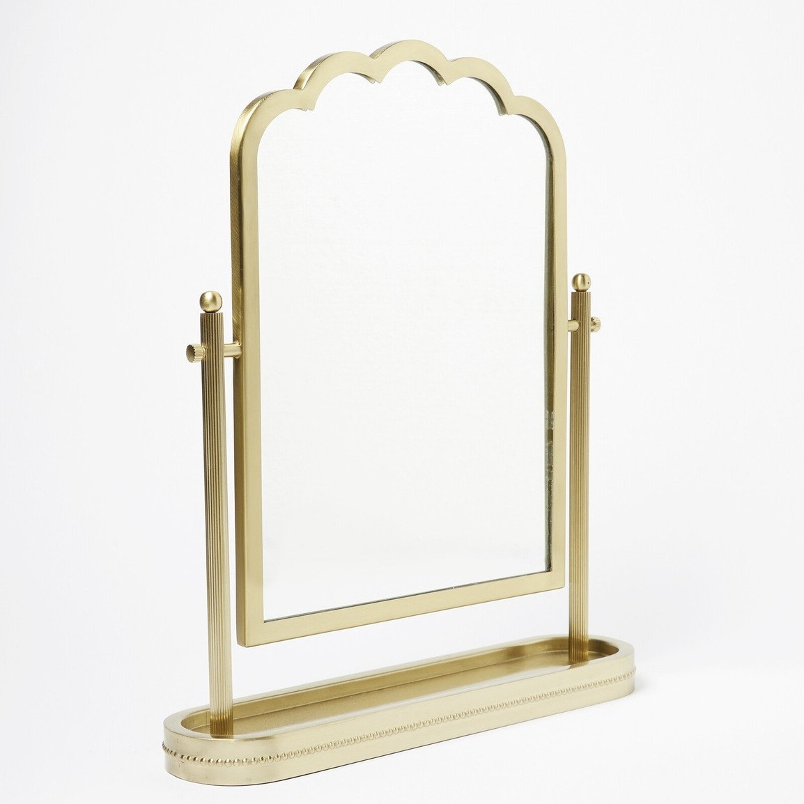 Modern Decorative Mirror with Gold Frame and Metal Stand Table Top Cosmetic Metal Framed Mirror