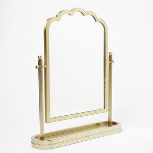 Modern Decorative Mirror with Gold Frame and Metal Stand Table Top Cosmetic Metal Framed Mirror