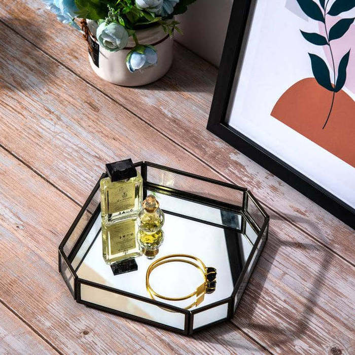 Premium Stainless Steel Black Mirrored Tray with Metal Frame Elegant Vanity Mirror Tray Christmas Decorative Jewelry Tray