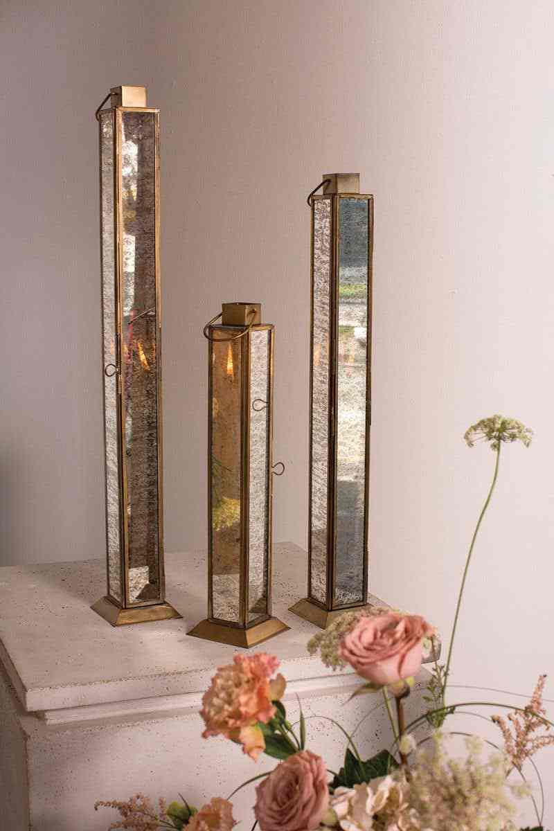 Tall Mercury Glass Candle Lantern Brass Frame Tabletop Modern Slim Candlestick Holder for Home Garden and Wedding Decorations