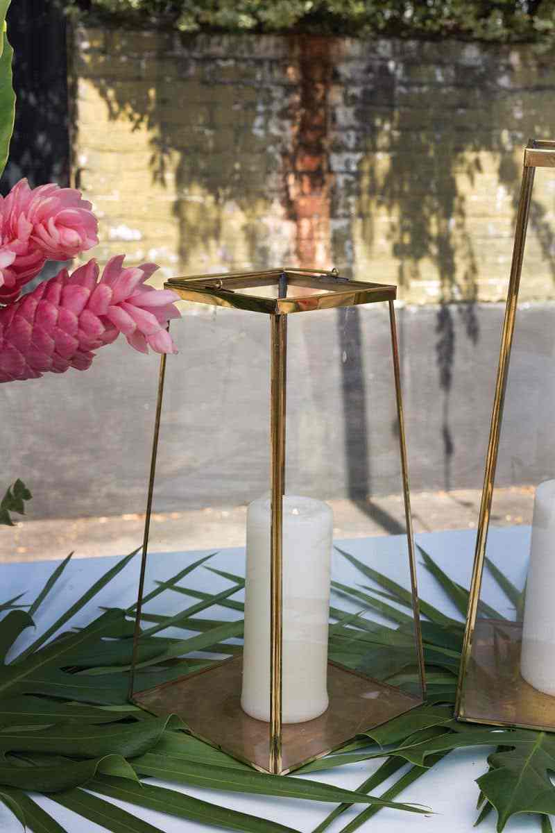 Interior and Exterior Decorative Gold Metal and Glass Candle Holders Lanterns in Different Sizes Taper Hurricane Lanterns