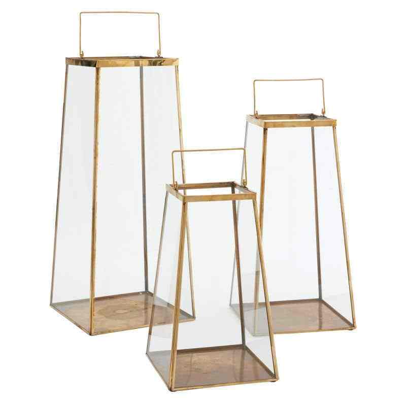 Interior and Exterior Decorative Gold Metal and Glass Candle Holders Lanterns in Different Sizes Taper Hurricane Lanterns