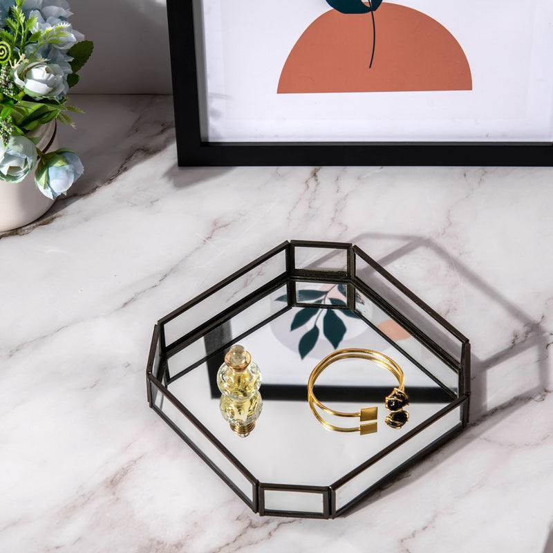 Premium Stainless Steel Black Mirrored Tray with Metal Frame Elegant Vanity Mirror Tray Christmas Decorative Jewelry Tray