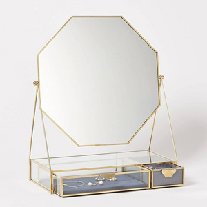 Modern Home Decorative Jewelry Box Table Mirror with Gold Rim Mini Drawers Elegant Women Dressing and Accessories Storage Box