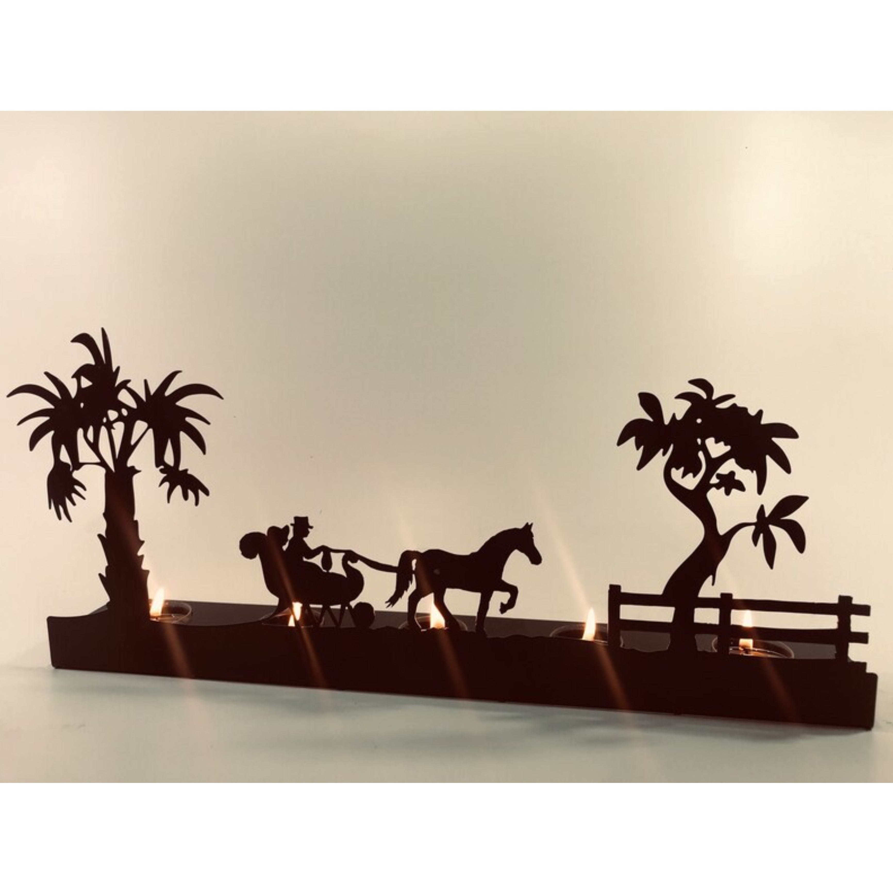 Decorative Metal Tealight Candle Holder with 5 Tea lights Palm Tree Horse Cart Design for Table Desktop Decorations