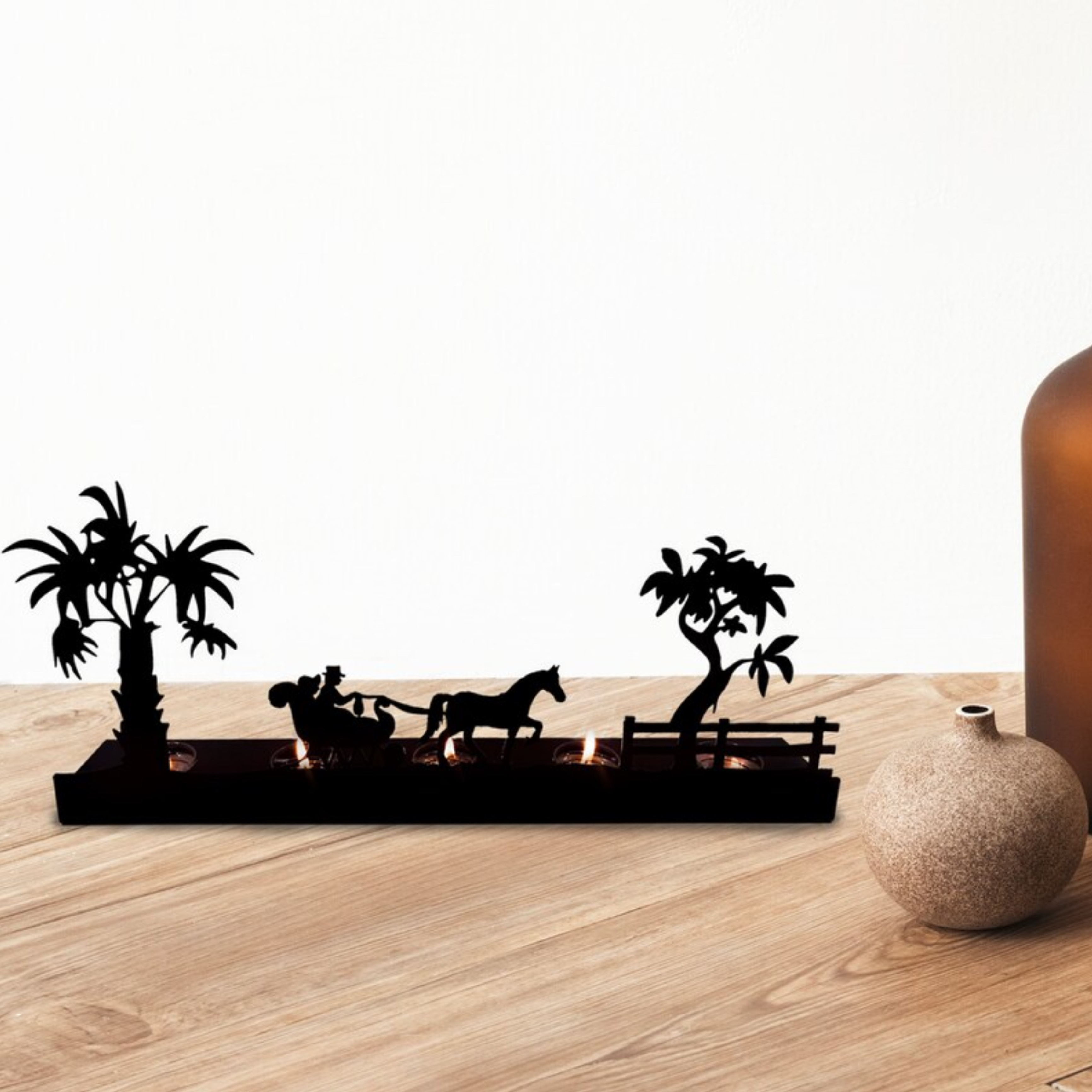 Decorative Metal Tealight Candle Holder with 5 Tea lights Palm Tree Horse Cart Design for Table Desktop Decorations