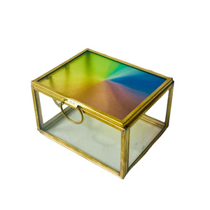 Latest Design Wholesale Colorful Glass Lid Gold Metal Framed Jewelry Box for Storage and Decoration Glass Display Box