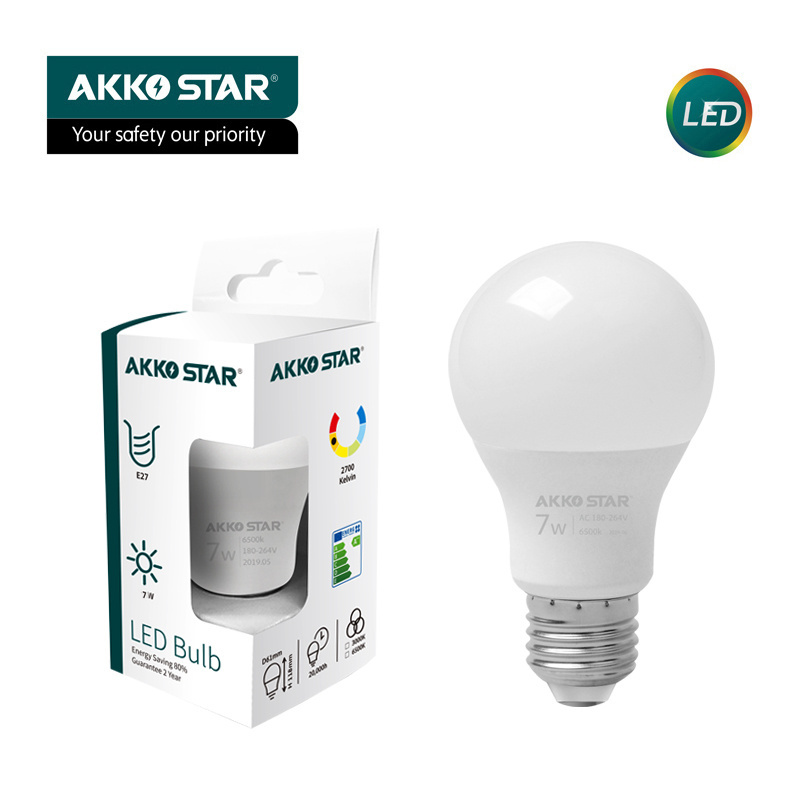 Akkostar high quality E27  led bulb light manufacturer 7w Plastic Aluminum led light bulb for bedroom