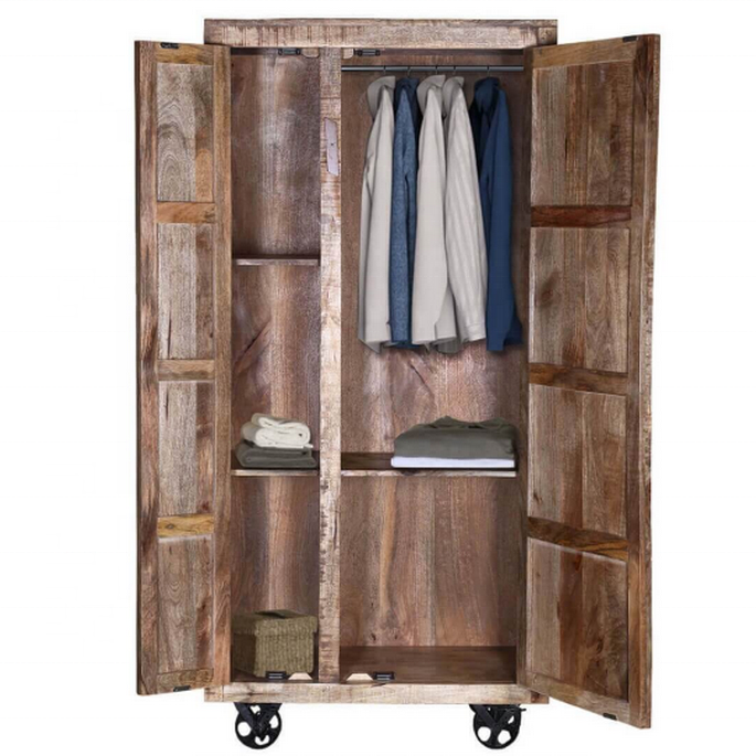 Unique wooden wardrobe closet  mango solid wood handmade wardrobe on wheels portable