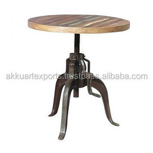 INDIA VINTAGE WOOD TOP INDUSTRIAL STYLE BAR CRANK TABLE WITH ADJUSTABLE HEIGHT