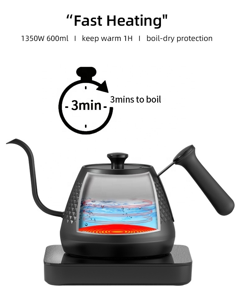 600ml Japanese Stainless Steel Coffee Kettle Electric Variable Temperature Setting Gooseneck Kettle for Pour Over Coffee