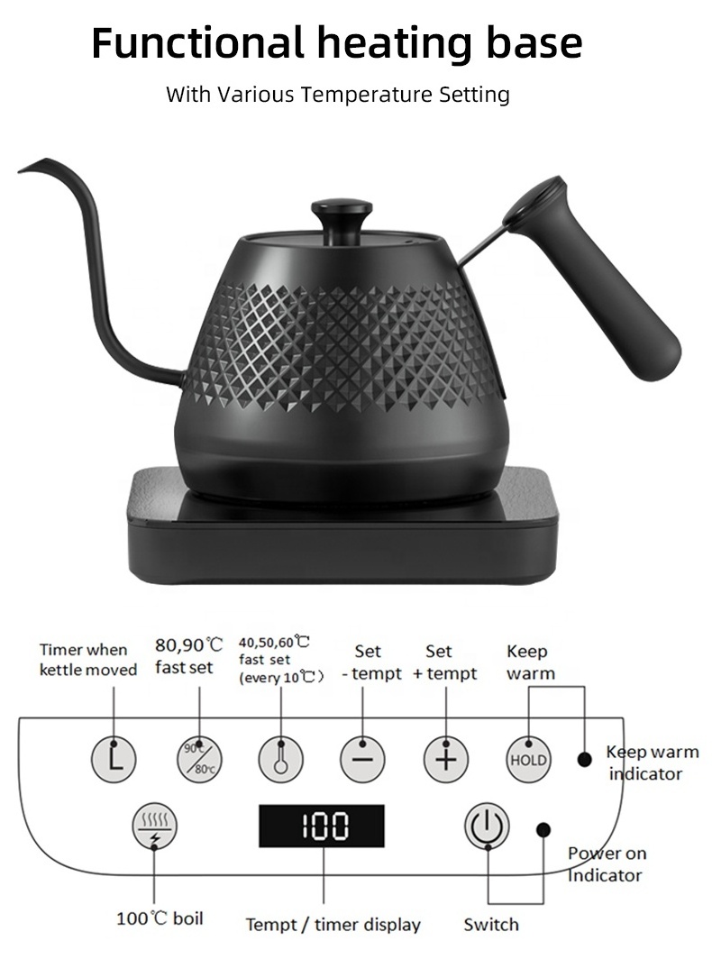 600ml Japanese Stainless Steel Coffee Kettle Electric Variable Temperature Setting Gooseneck Kettle for Pour Over Coffee