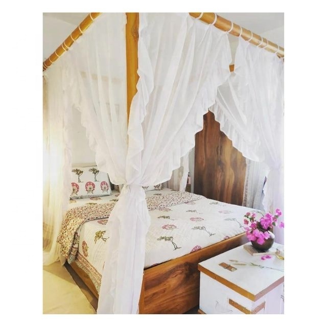 Korean New Arrivals 2024 Linen With Ruffles Elegant Bed Canopy Curtains With Ties Tap Top Full Set Mosquito Net Sheer Curtains