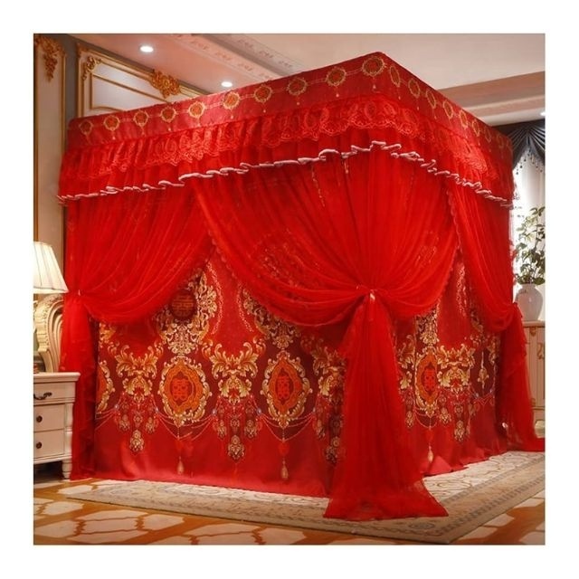 Korean New Arrivals 2024 Linen With Ruffles Elegant Bed Canopy Curtains With Ties Tap Top Full Set Mosquito Net Sheer Curtains