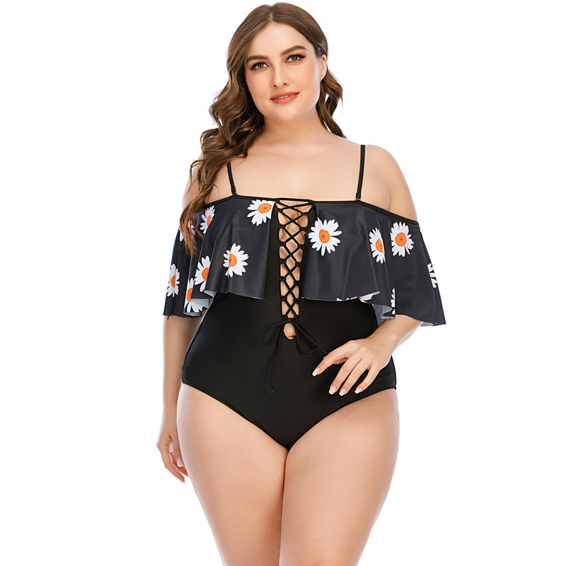 Beach 1 Piece Plus Size Womens Fat Girl In Micro Hollow Out Ruffles Cross Strap Beachwear Print Bikinis