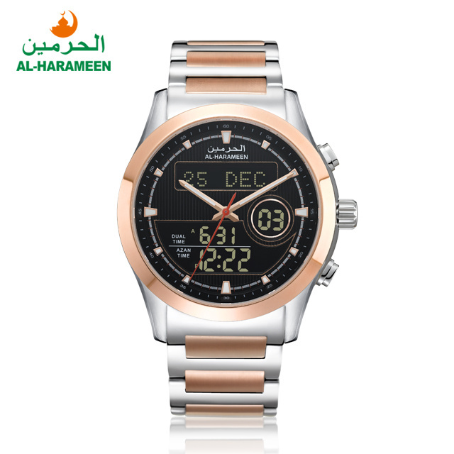 Stainless Steel Man Azan Wrist Watch for Muslim Prayer Time Qibla Compass