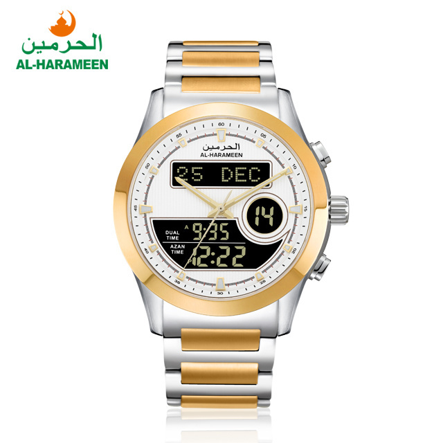 Stainless Steel Man Azan Wrist Watch for Muslim Prayer Time Qibla Compass