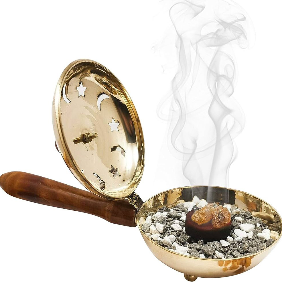 Golden Polished Brass Charcoal Incense Burner, Loban, Sambrani Dhoop Bakhoor Burner With Lid Design & Wooden Handle For Chruchs