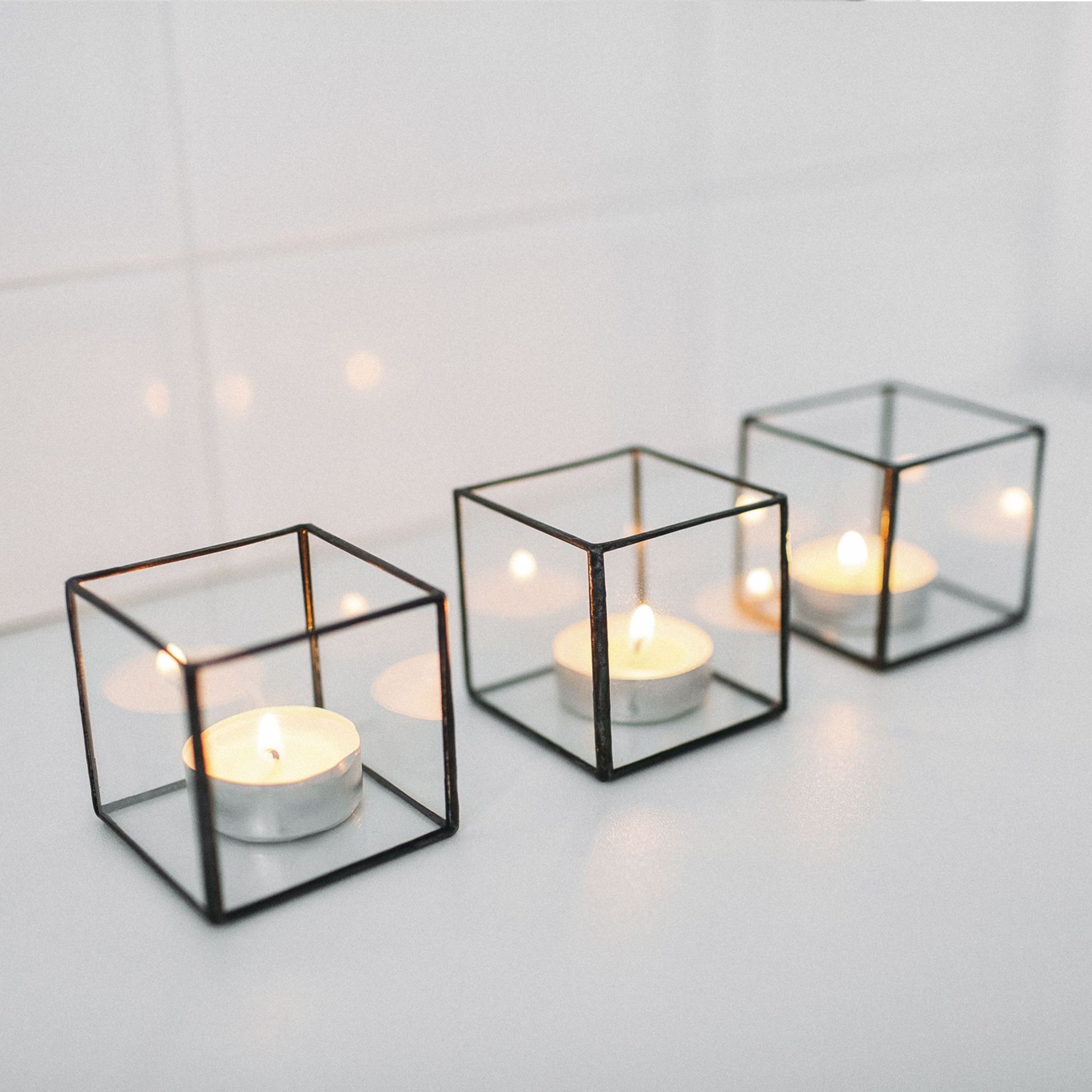 Wholesale Price Best Quality Set Of 3 Glass Votive In Square Shape With Metal Frame Clear Glass Candle Holder Black Colour Decor