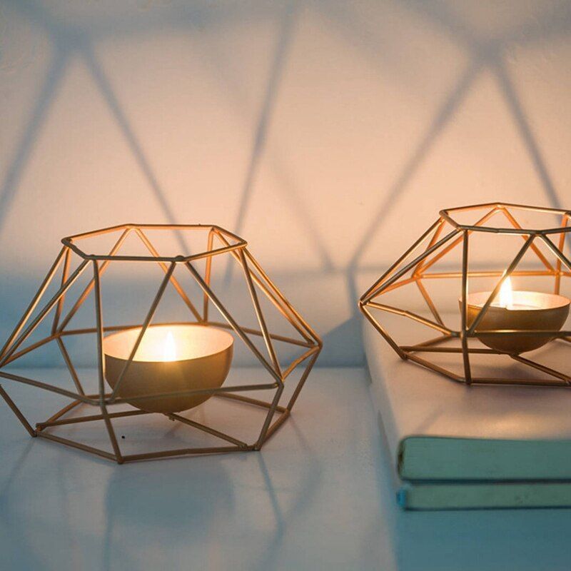 Modern Luxury Decorative Geometric Design Candle Votive Holder Wholesale Price Direct Gold Plated Lantern Tea Light Holder Decor