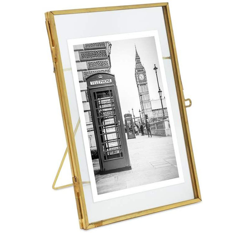 Rectangle Gold Metal Photo Frame Transparent Single Glass Picture Frames Butterfly Flower Display Frame For Tabletop Decorative