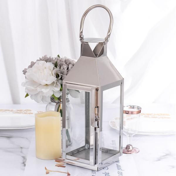 Silver Large Glass Stainless Steel Metal Decorative LED Antique Outdoor Garden Candle Holder Lantern For Wedding Centerpiece