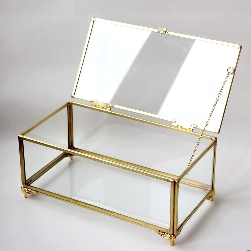 Good Design Rectangular Shape Jewelry Box Brass And Glass Ring Box Gold Finished Decorative Glass Box Home & Office Decorate