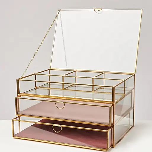 Square Shape Small Glass Box and Metal New Arrival Jewellery Box With Gold Border Finished In Gold Ball Base Wholesale Prices