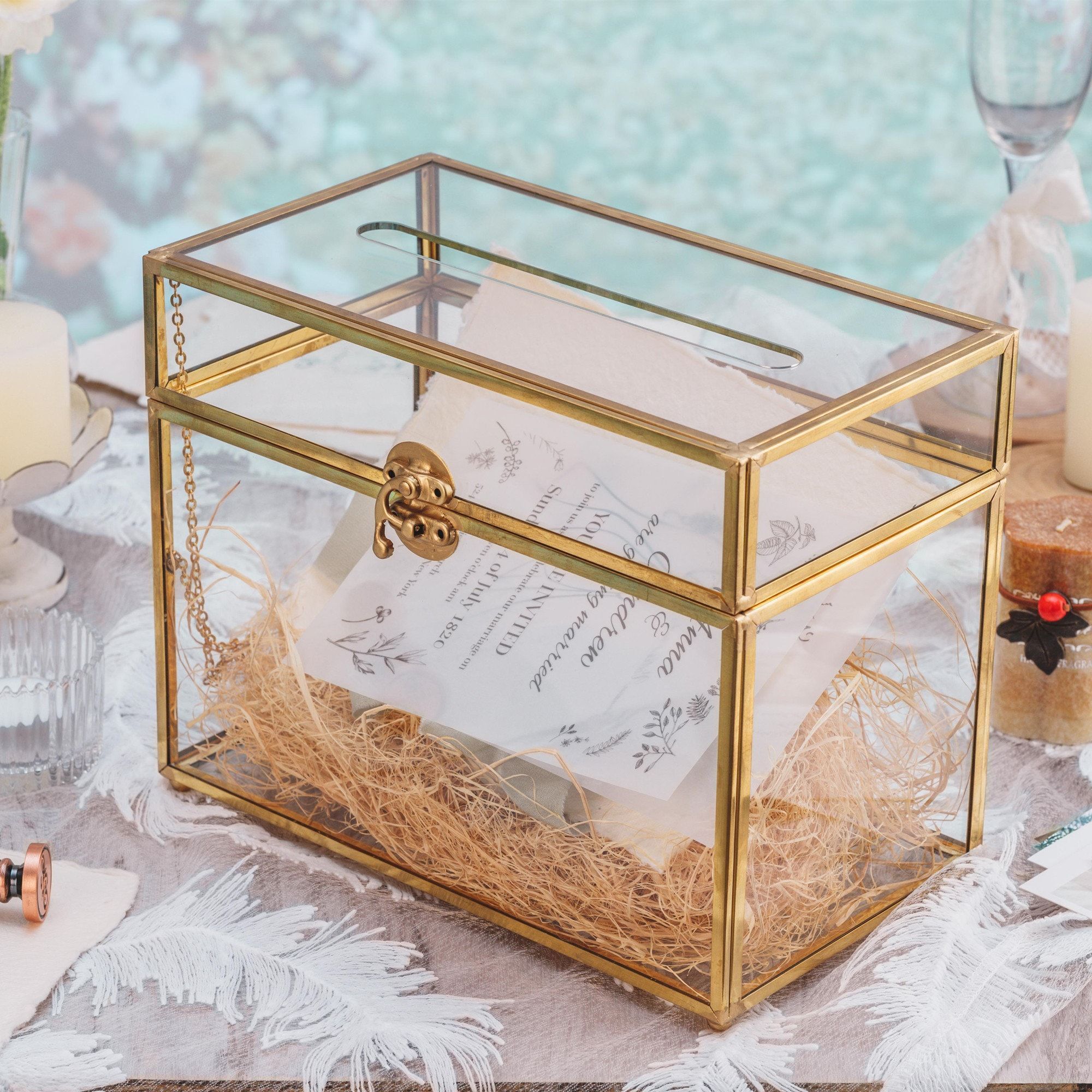 Gold Rectangular Customized Size Glass Box Invitation Card With Foot For Wedding Decorative Keepsake Handmade Fantastic Designed