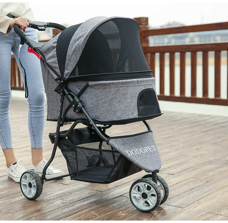 High End 3-Wheel Breathable Mesh Pet Stroller Cat Dog Folding Stroller with Removable Liner Dog Carrier Bag