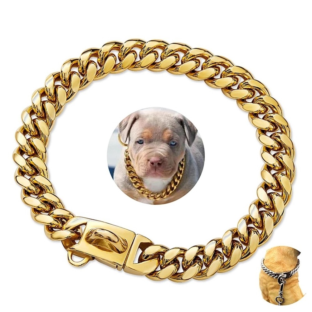 luxury Stainless Steel chain gold designer custom collar dog buckle metal gold dog collar and leash set dog collar