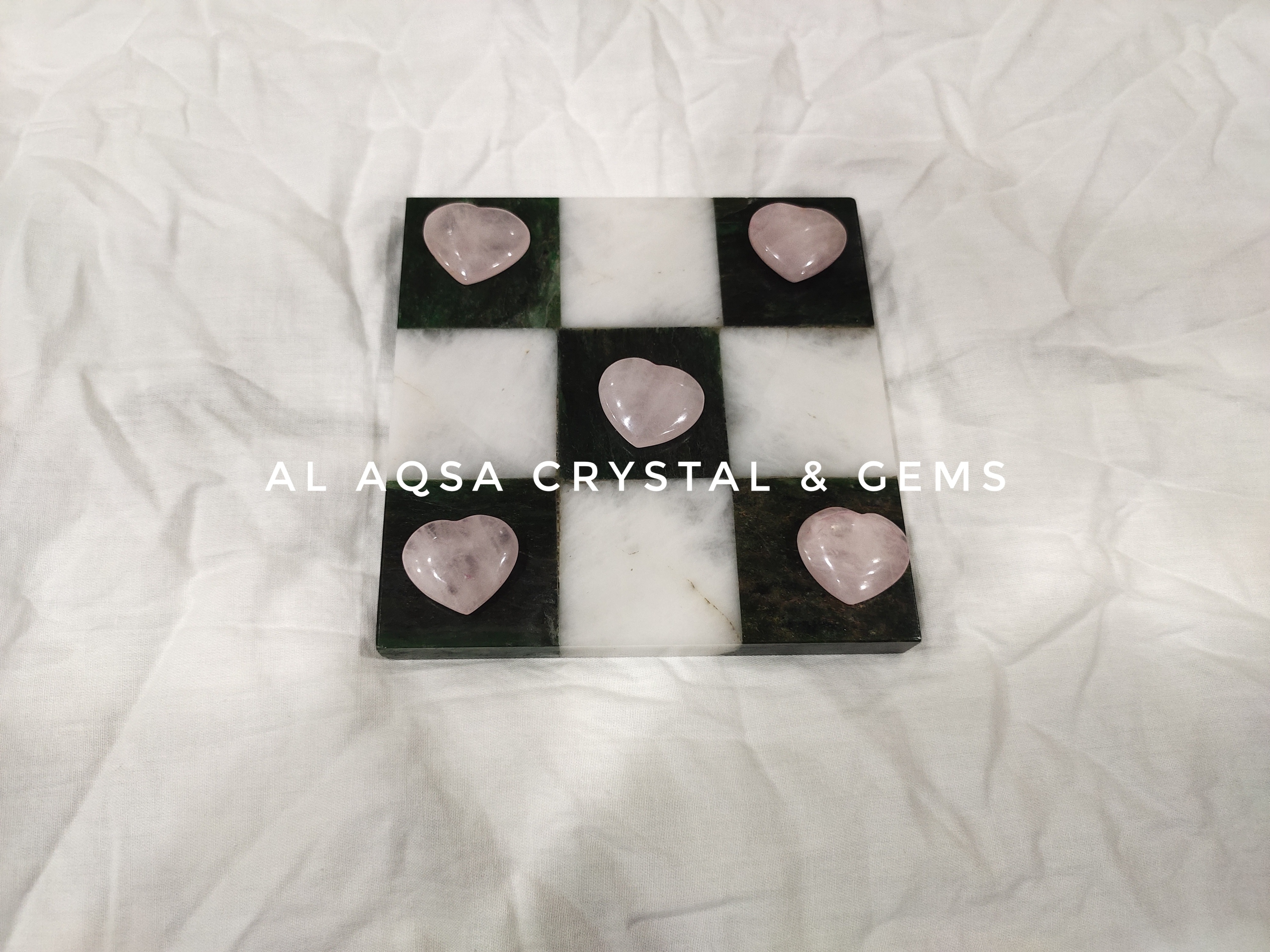 Natural green jade Tic tac toe board and it's pieces it has 4 moon in green jade and 5 hearts in rose quartz new available stock