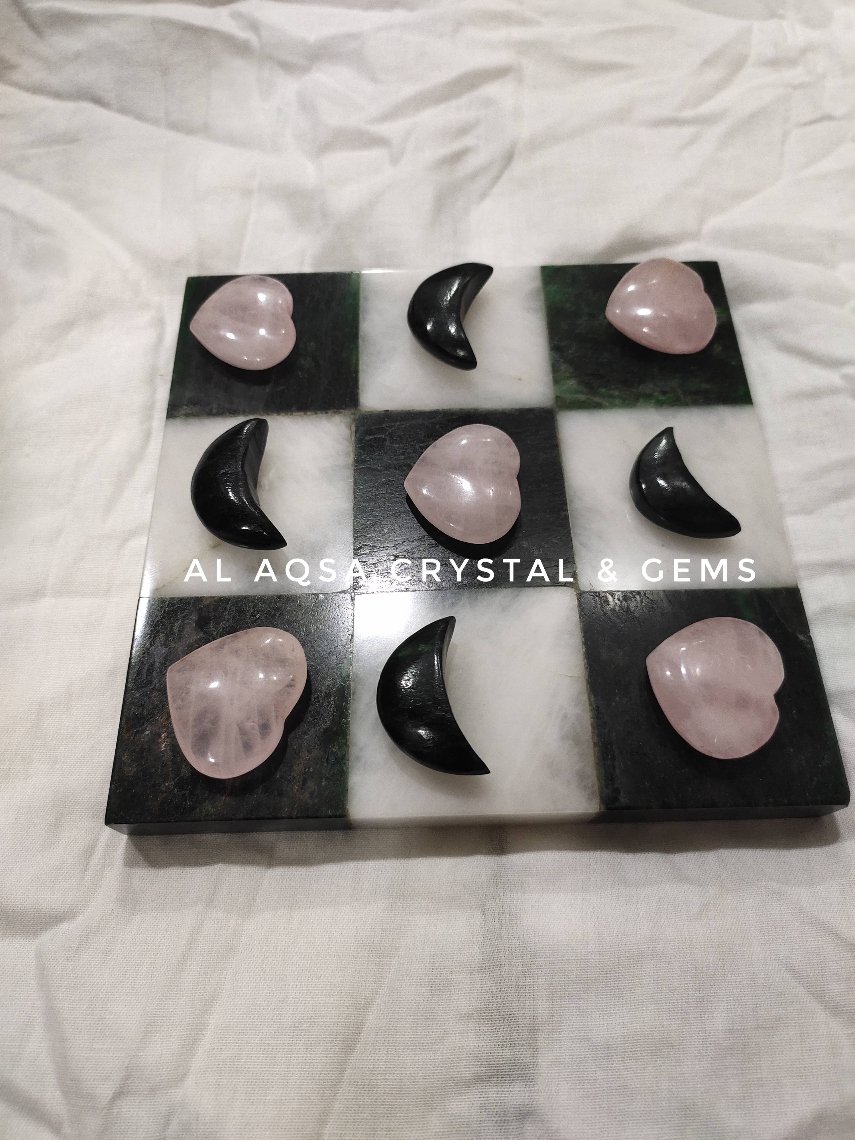 Natural green jade Tic tac toe board and it's pieces it has 4 moon in green jade and 5 hearts in rose quartz new available stock