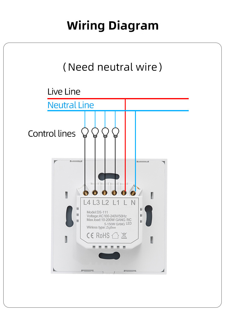 New Tuya Smart home automation wireless Zigbee 4 gang switch with built-in 4 relay with google home Alexa voice control