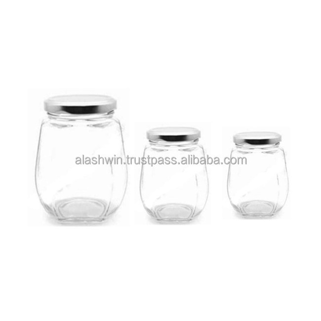 Hot Selling Glass Bottle Sealed Jam Bottle Hexagon Pickle Glass Jar with 300 gm safe Packaging Hexagonal Food Jar