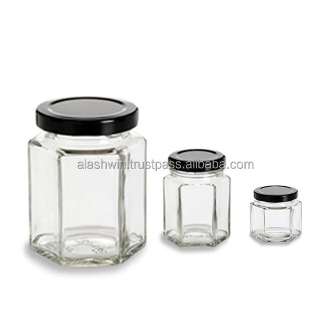 Hot Selling Glass Bottle Sealed Jam Bottle Hexagon Pickle Glass Jar with 300 gm safe Packaging Hexagonal Food Jar