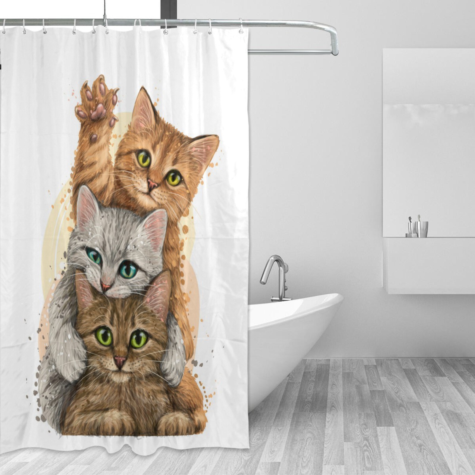 Cute Cat Animal Washable White Polyester Custom Shower Curtains For Bathroom Hotel