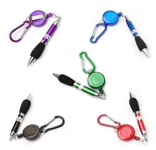 High  quality Promotional Gift custom logo Outside retractable  reel ballpoint pen with carabiner clip  Keychains