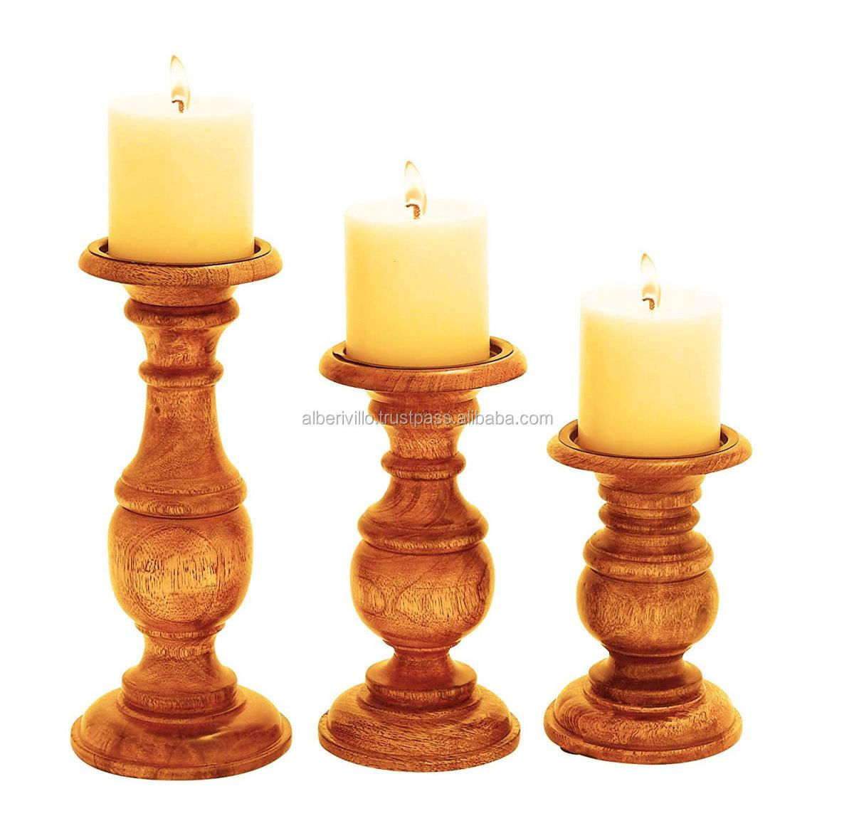 Eco-Friendly Unfinished Wood Pillar Candle Holders Handmade Resin Wood Holder Classical Wooden Candle Pillar Stands  Set of 3