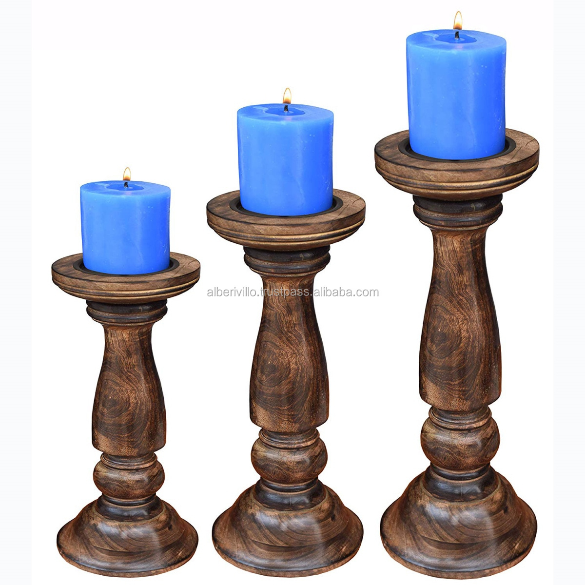 Eco-Friendly Unfinished Wood Pillar Candle Holders Handmade Resin Wood Holder Classical Wooden Candle Pillar Stands  Set of 3