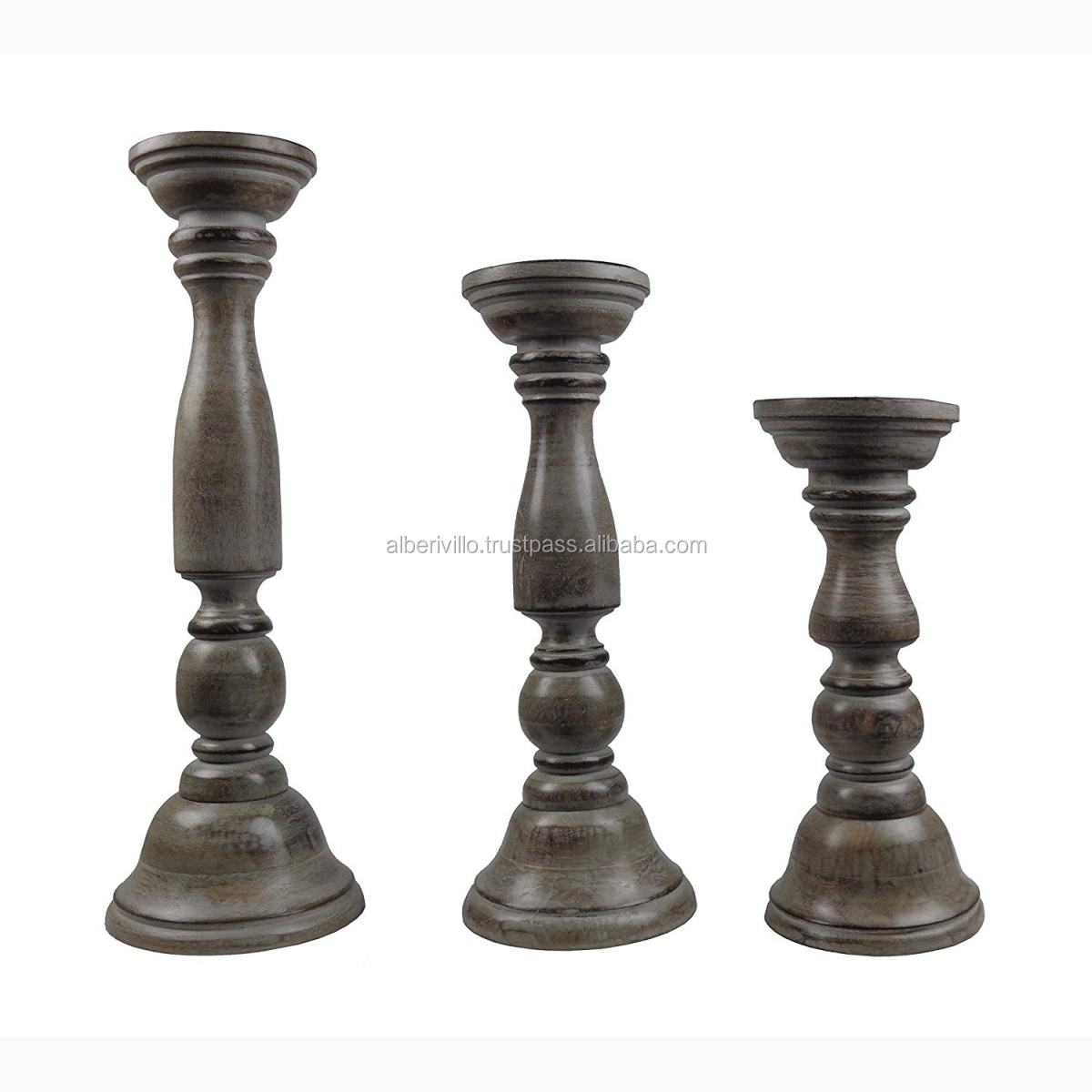 Eco-Friendly Unfinished Wood Pillar Candle Holders Handmade Resin Wood Holder Classical Wooden Candle Pillar Stands  Set of 3