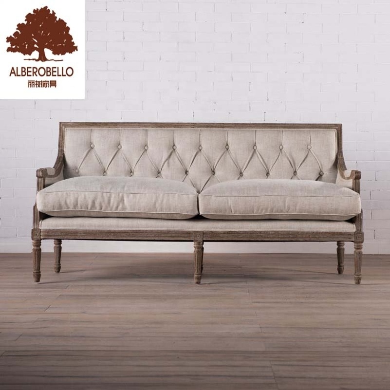 Home Furniture Living Room Hotel Solid Oak Wood Chesterfield Wheels 3 Seater Fabric Upholstery Sofa