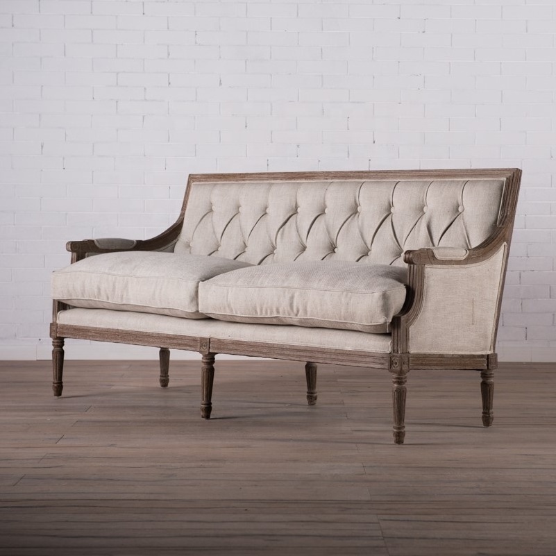 Home Furniture Living Room Hotel Solid Oak Wood Chesterfield Wheels 3 Seater Fabric Upholstery Sofa