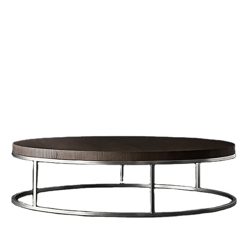 Home Furniture Living Room Coffee Table European Style Solid Oak Top Stainless Steel Frame Round Modern Coffee Table Design