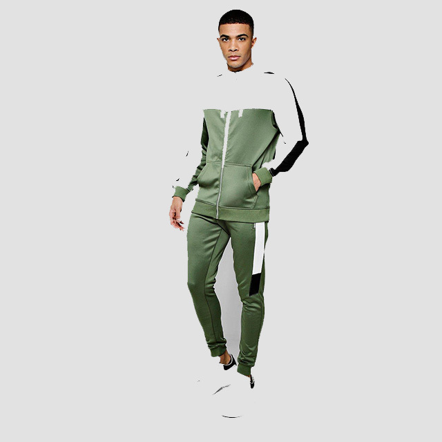 White And Green Paneled Tracksuit Custom Tricot Colour Block Zip Through Hooded Tracksuit Men's Athletic Tracksuit Full Zipper