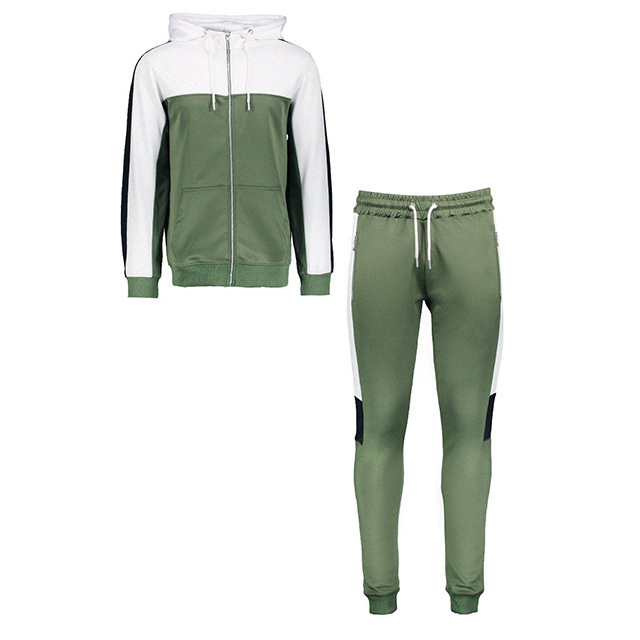 White And Green Paneled Tracksuit Custom Tricot Colour Block Zip Through Hooded Tracksuit Men's Athletic Tracksuit Full Zipper