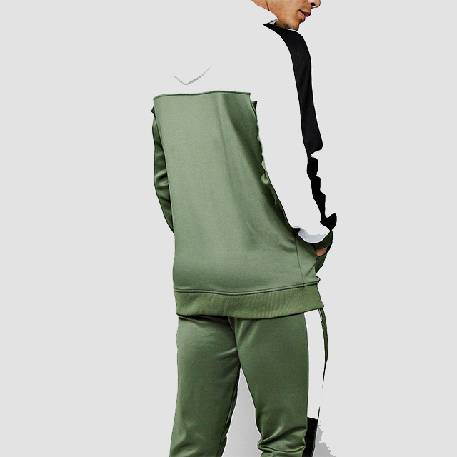 White And Green Paneled Tracksuit Custom Tricot Colour Block Zip Through Hooded Tracksuit Men's Athletic Tracksuit Full Zipper